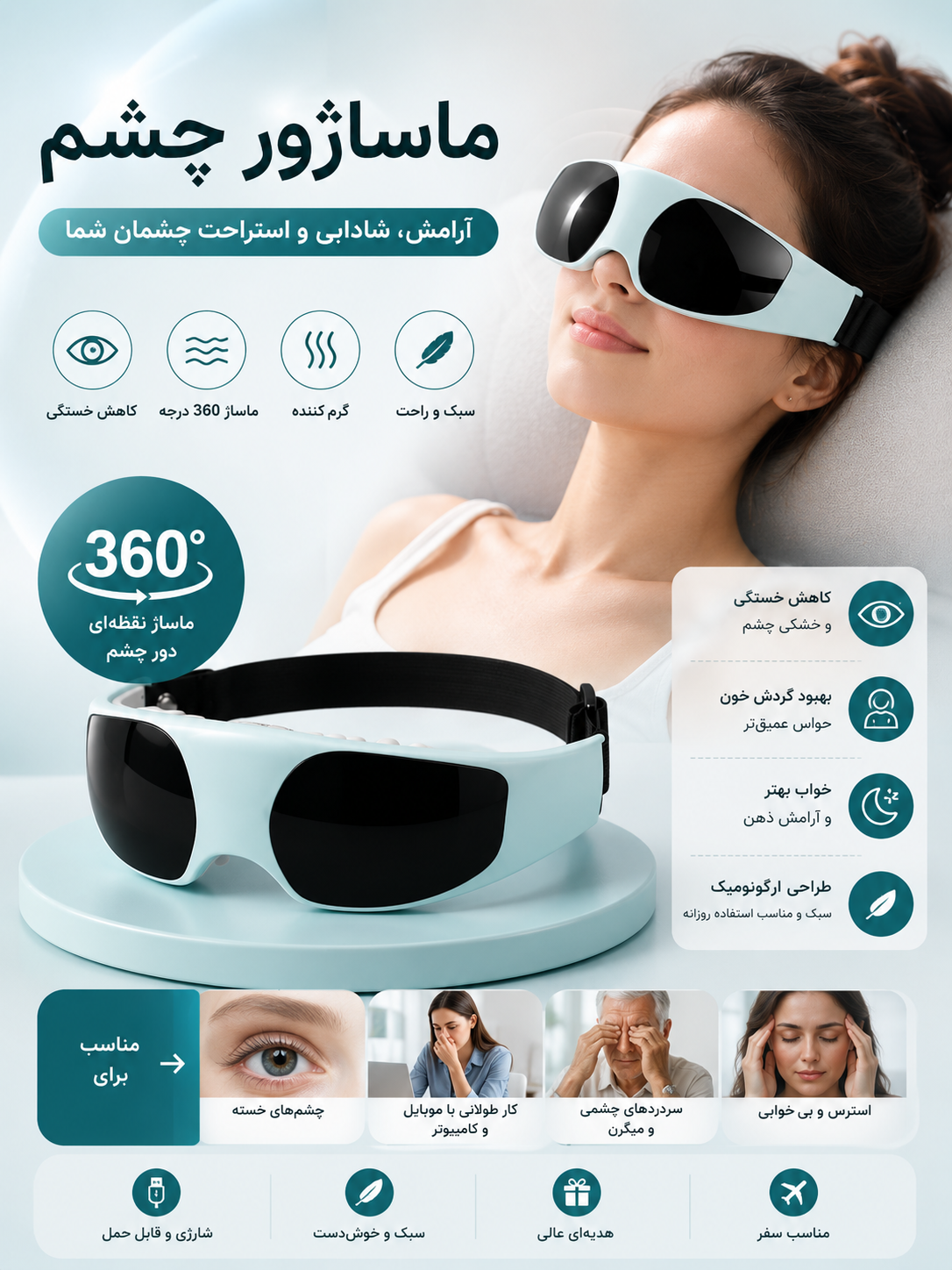 ماساژور چشم شارژی هوشمند اورجینال Blue Idea با کمپرس هوا، گرمایش و ویبره | کاهش پف و خستگی چشم